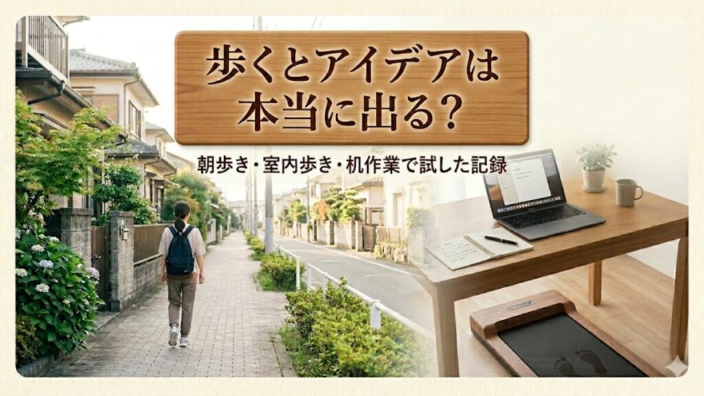 朝の住宅街を歩く人物と、机作業、室内用ウォーキングパッドを1枚にまとめて、歩くとアイデアは本当に出るのかを記録した記事アイキャッチ