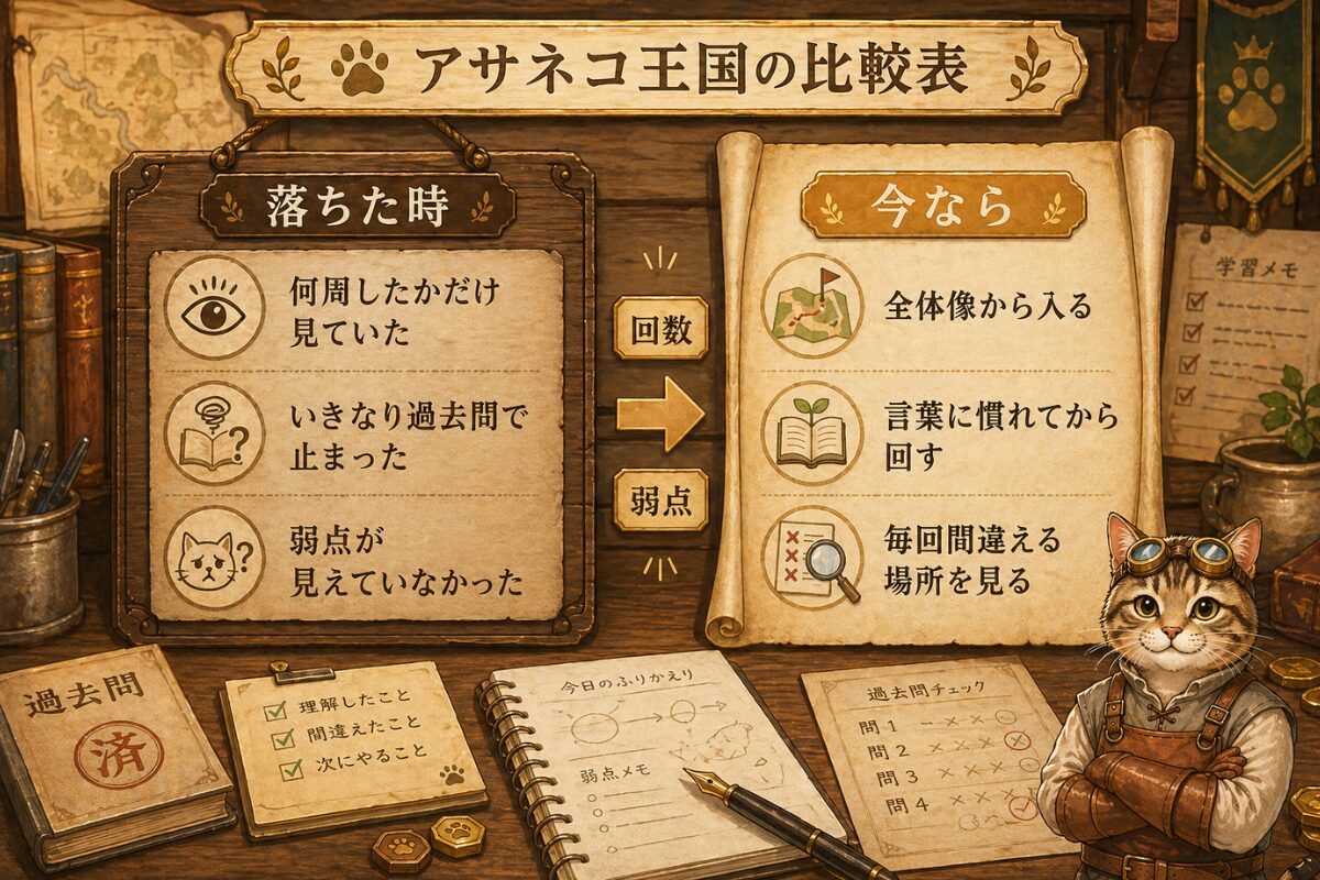 落ちた時と今ならの勉強設計を比較し、回数から弱点へ視点を変える図解