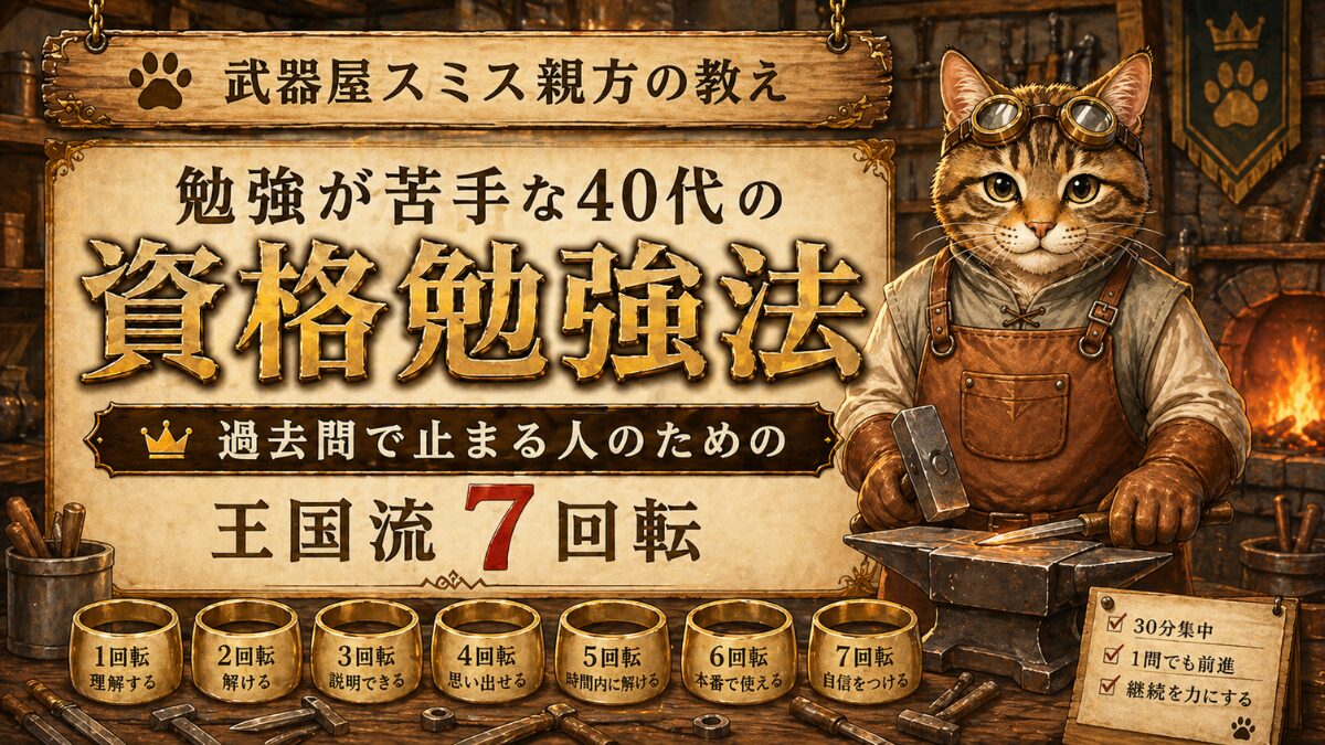 過去問で止まる40代向けに王国流7回転の資格勉強法を示すアイキャッチ