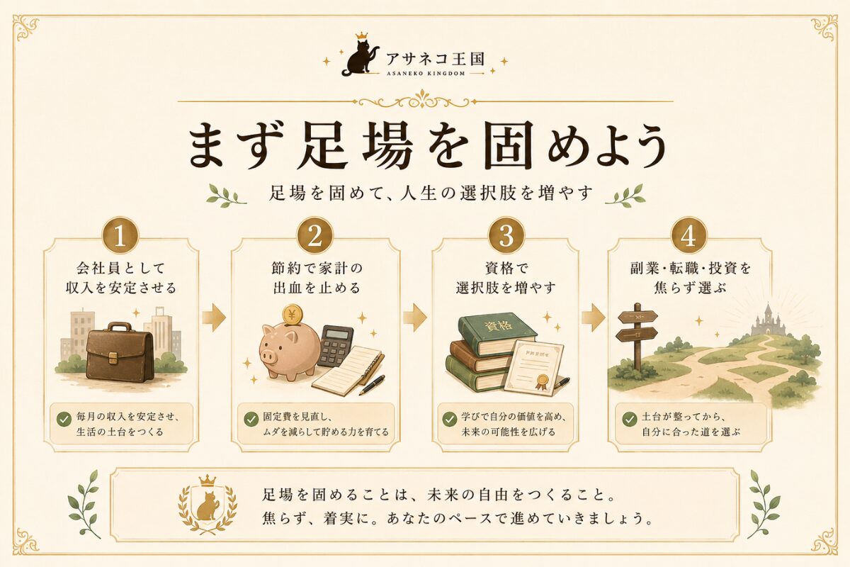 アサネコ王国の中心思想である「まず足場を固めよう」を、会社員として収入を安定させる、節約で家計の出血を止める、資格で選択肢を増やす、副業・転職・投資を焦らず選ぶ、の4ステップで示した図解画像。