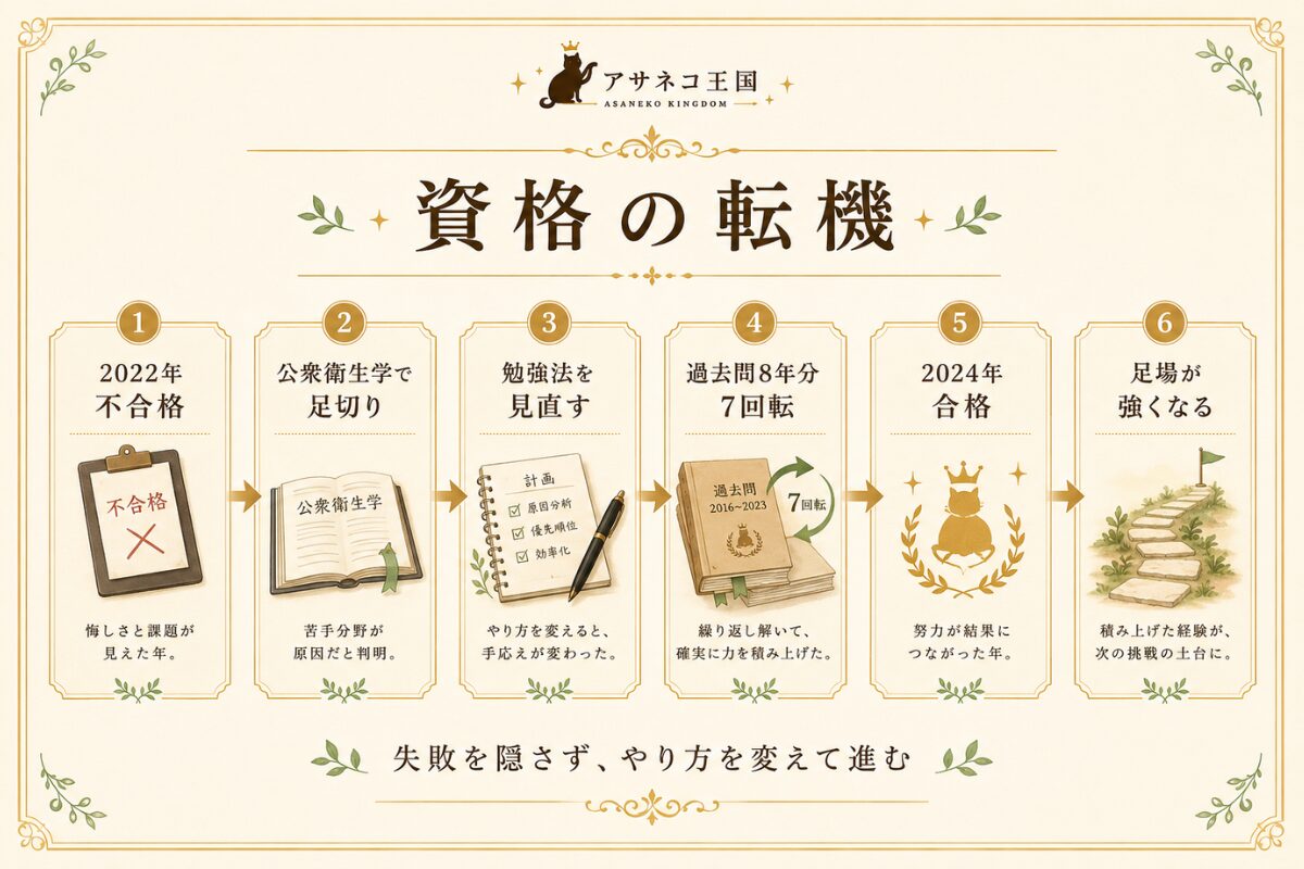 給水装置工事主任技術者の不合格から、勉強法の見直し、過去問8年分7回転、2024年合格、足場が強くなる流れを示した図解画像。