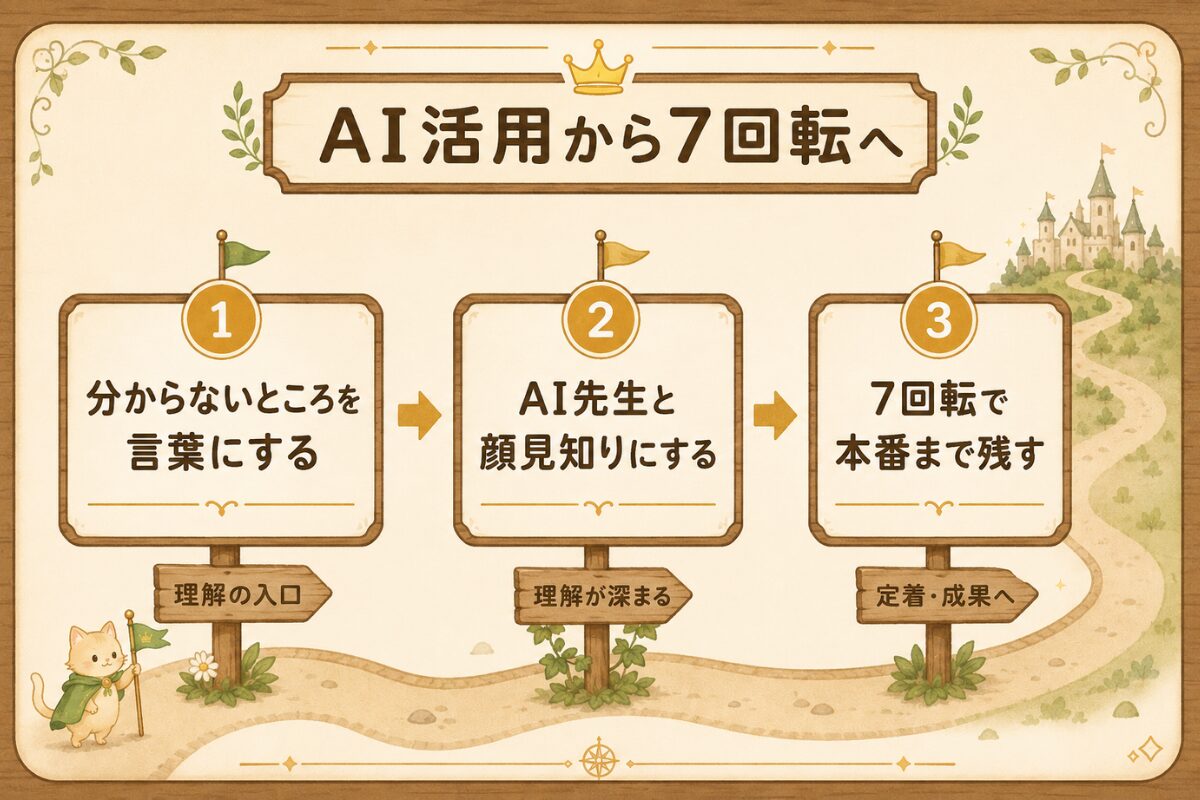 AI先生で理解した内容を7回転勉強法で定着させる流れ