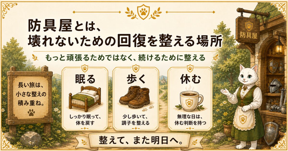 防具屋が壊れないための回復を整える場所であることを示した王国風コンセプト画像