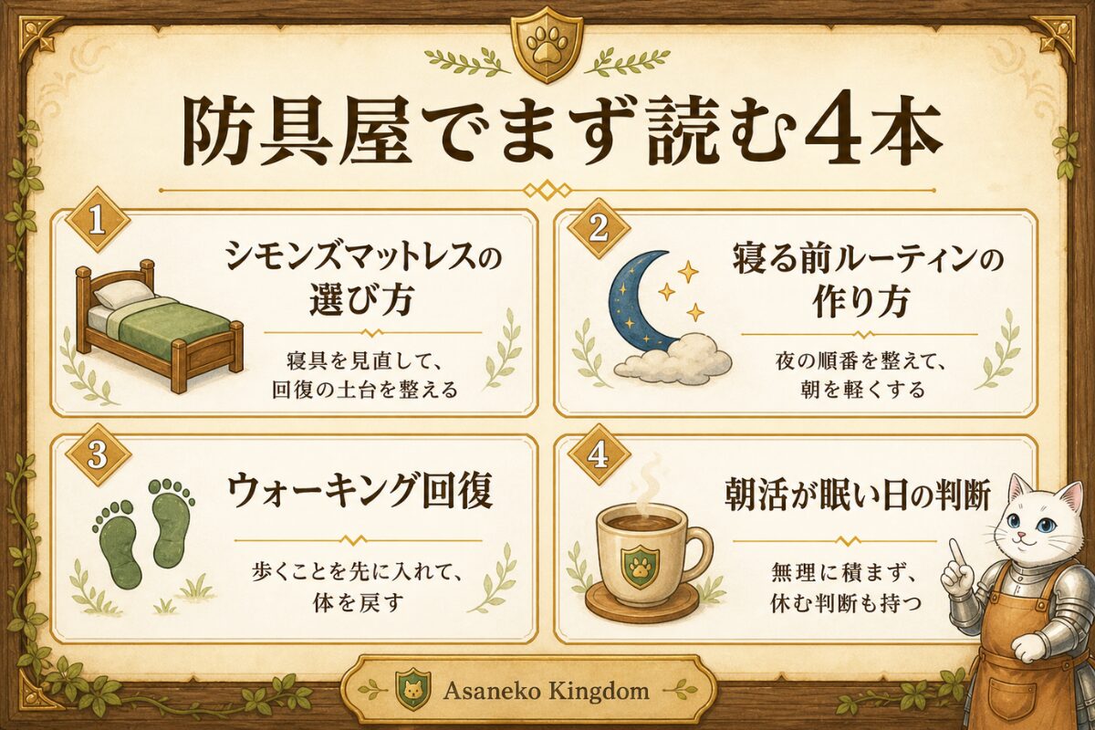 防具屋で最初に読む4本の記事をカード形式で整理した一覧画像