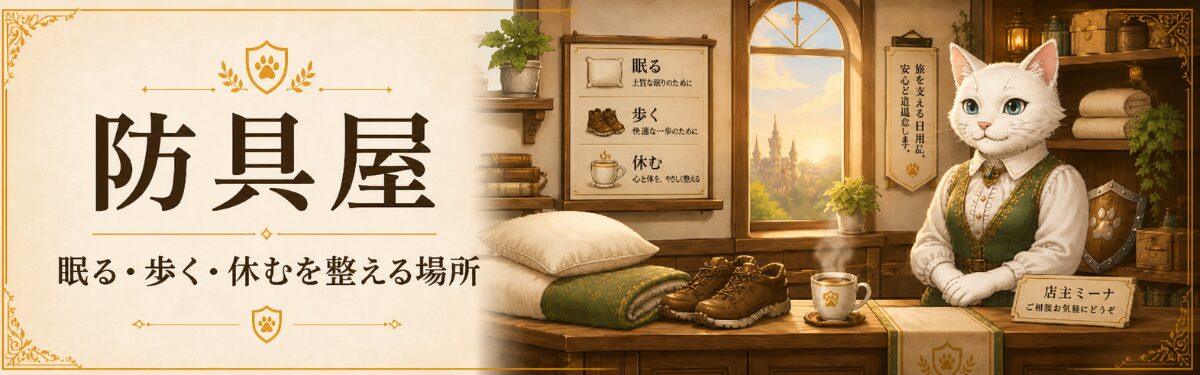 白猫ミーナが迎えるアサネコ王国の防具屋ヒーロー画像。眠る・歩く・休むを整える回復の場所を表現している
