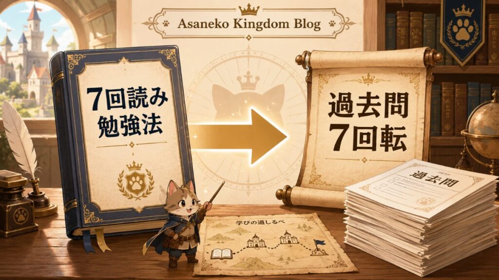 王国の朝の書庫で、教科書の7回読みを過去問7回転へ変換している図
