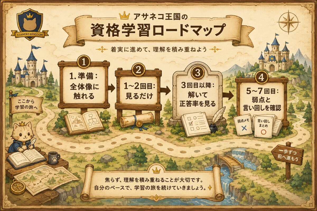 1回目と2回目は見るだけ、3回目以降に解く、7回目で弱点確認をする過去問7回転の流れ
