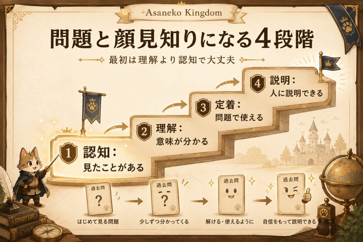 認知、理解、定着、説明の順番で、まず問題と顔見知りになることを示した図解