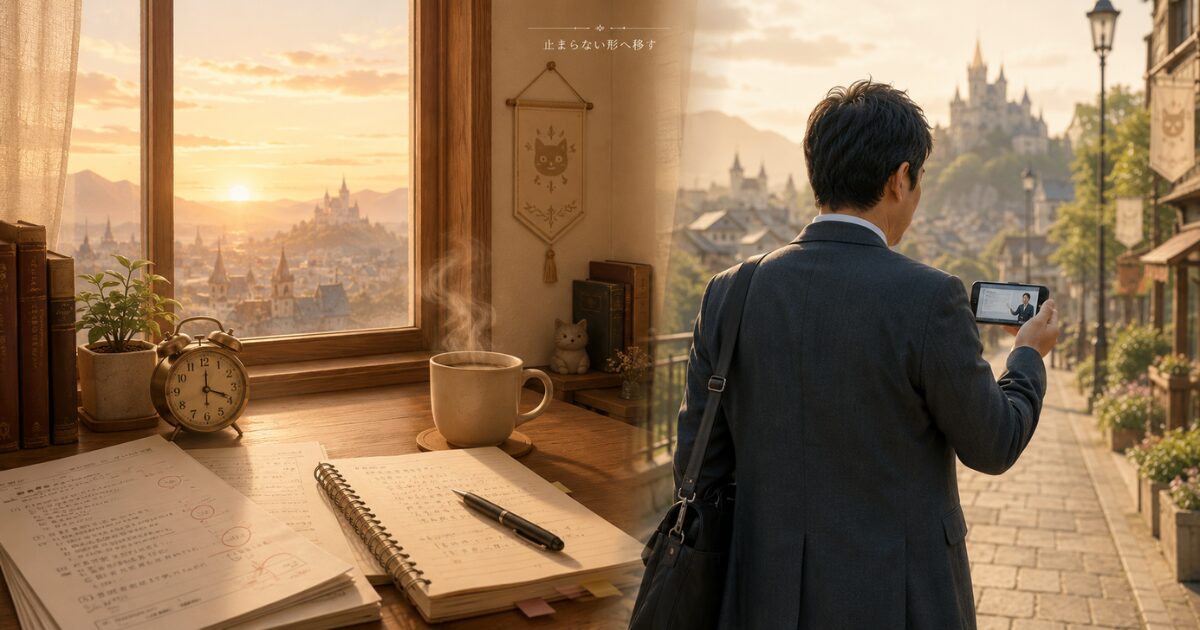 朝4時の勉強机と、歩きながら動画学習をする王国流の資格勉強風景