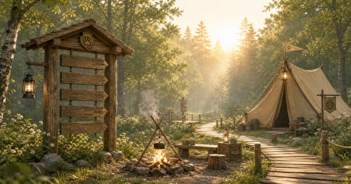 家計・資格・朝活・道具・回復の5つの迷いを木製の案内板で整理したcampの部屋案内画像