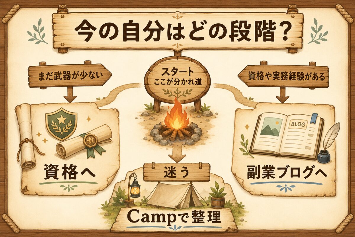 まだ武器が少ないなら資格へ、資格や実務経験があるなら副業ブログへ、迷うならcampで整理と示す判断フロー