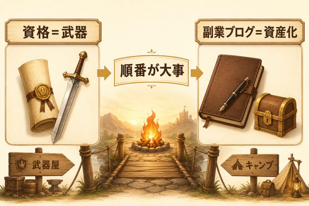 資格を武器、副業ブログを資産化の場所として並べ、中央に順番が大事と示した王国風の比較図