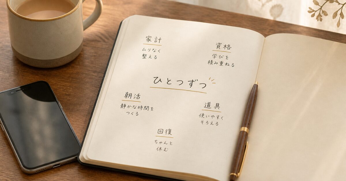 木製の机の上のノートに家計・資格・朝活・道具・回復の迷いを書き出し、ひとつずつ整理している画像