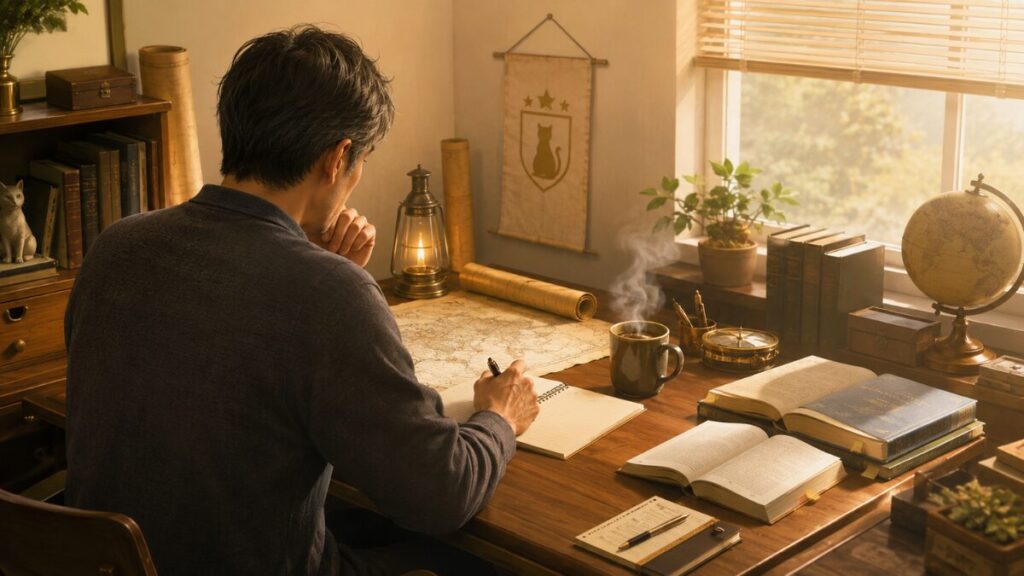 朝の机で資格や将来への不安を静かに整理している40代男性のアイキャッチ画像