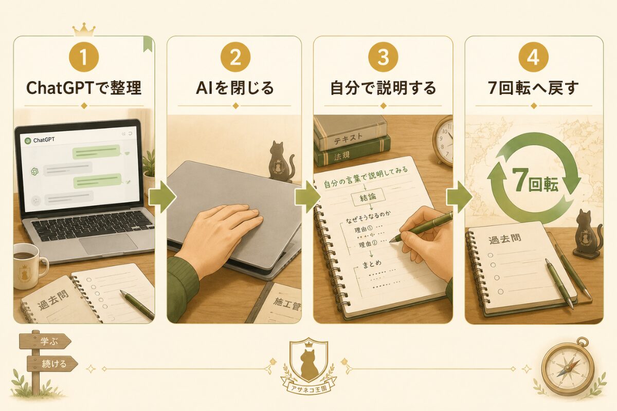 ChatGPTで整理したあとAIを閉じ、自分で説明して7回転へ戻す流れを示す図解