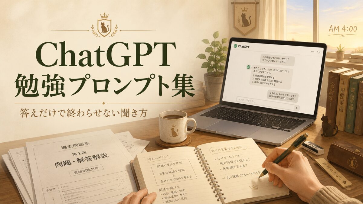 資格過去問の勉強机とChatGPTの画面を描いた、答えだけで終わらせない聞き方を示すアイキャッチ