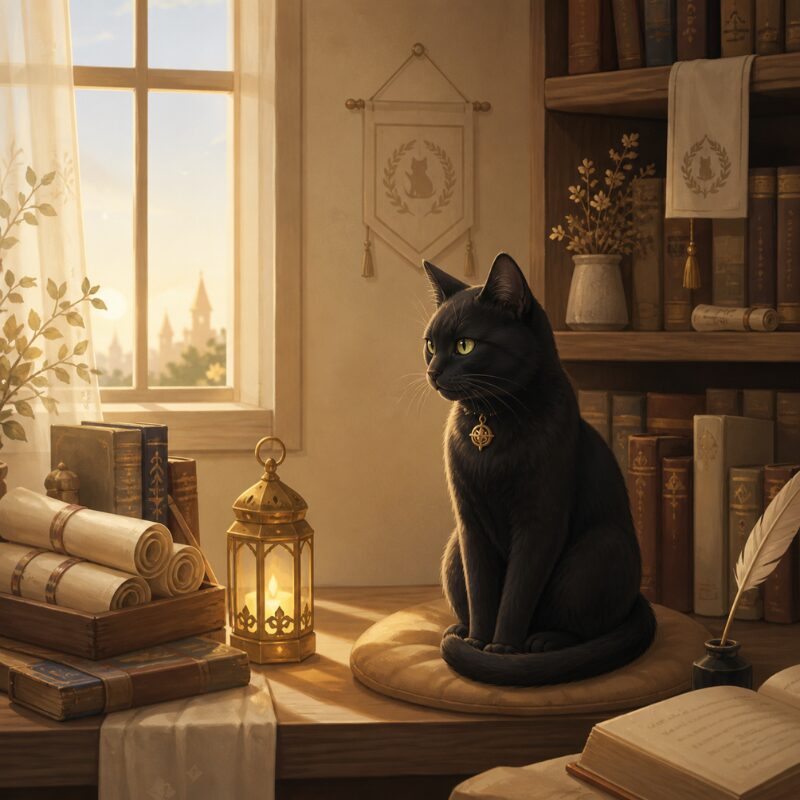 再生の書庫で灯りのそばに静かに座る黒猫の賢者ノワル