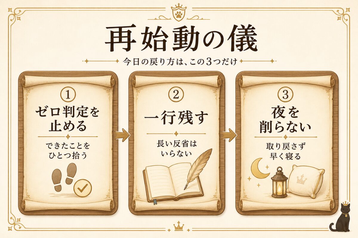 ゼロ判定を止める、一行残す、夜を削らない再始動の儀を示した3ステップ図解