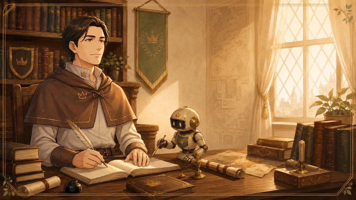 資格勉強に取り組むリクルドと、理解を助けるAI先生を描いた王国風アイキャッチ