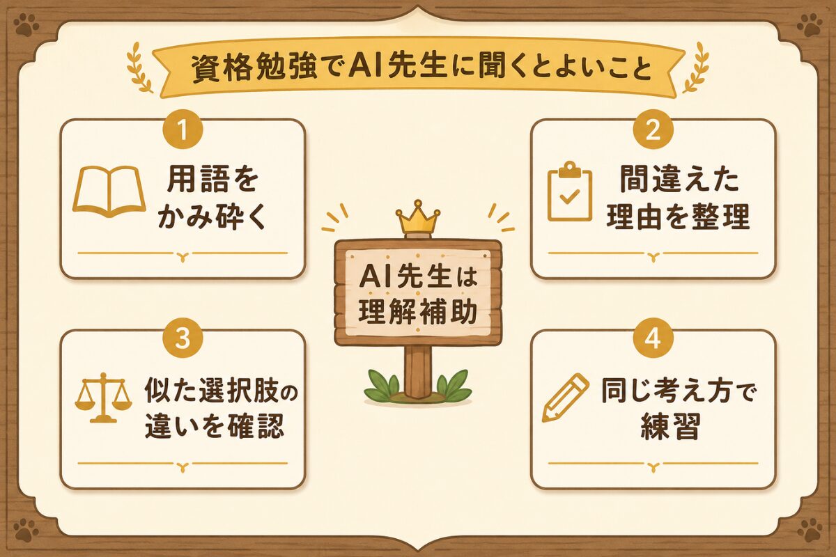 資格勉強でAI先生に聞くとよい4つの使いどころをまとめた図解