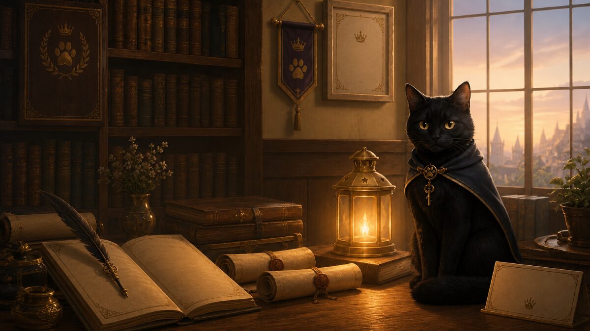 ランタンの灯る書庫で黒猫ノワルが静かに見守るふっかつのじゅもんの部屋