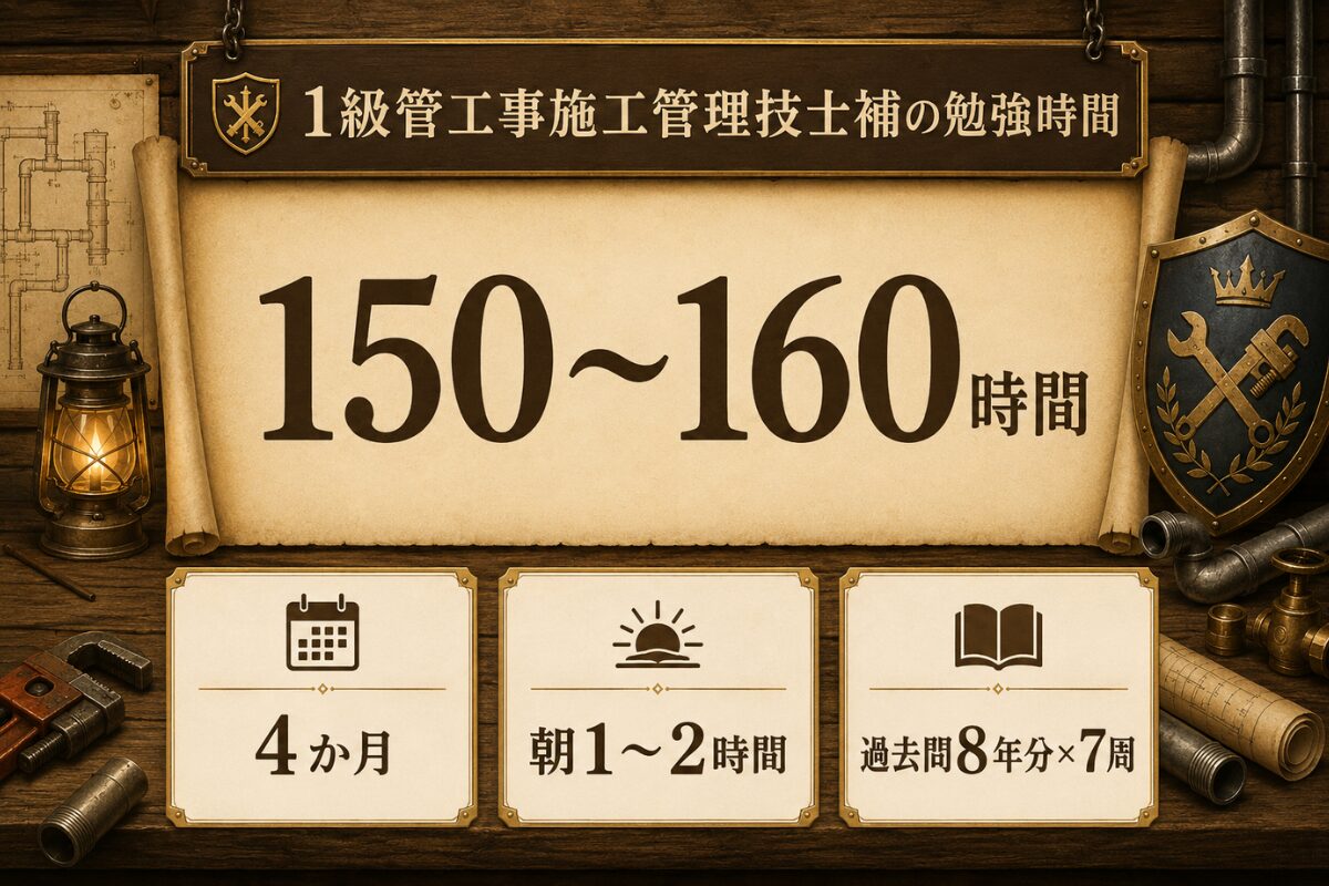 1級管工事施工管理技士補の勉強時間150〜160時間と4か月・朝1〜2時間・過去問7周を整理した図解