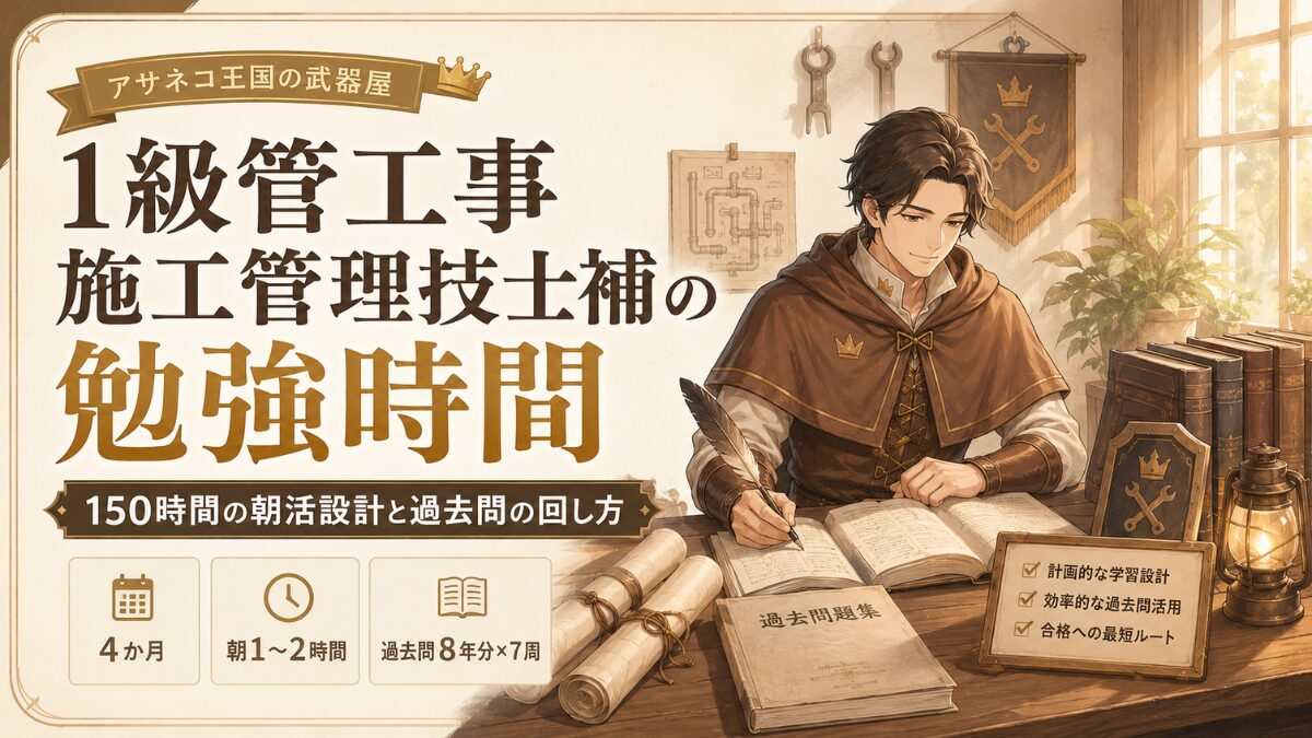 1級管工事施工管理技士補の勉強時間150時間と朝活設計・過去問の回し方を示した王国風アイキャッチ