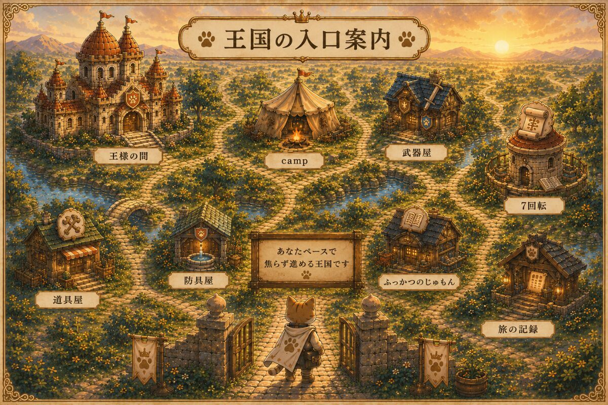 王様の間、camp、武器屋、7回転、道具屋、防具屋、ふっかつのじゅもん、旅の記録など、アサネコ王国の入口を悩み別に選ぶための案内図