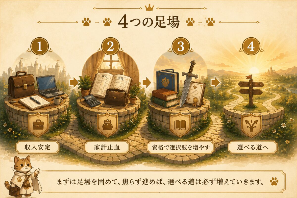 収入安定、家計止血、資格で選択肢を増やす、選べる道へ進むという人生立て直し4ステップを、4つの足場として示した図解