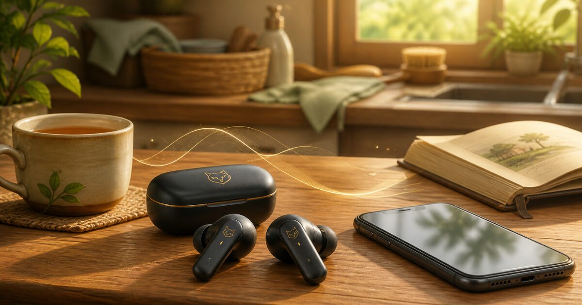Bluetoothイヤホンとスマートフォン、本を使い、家事や運動の時間を耳学習に変える様子