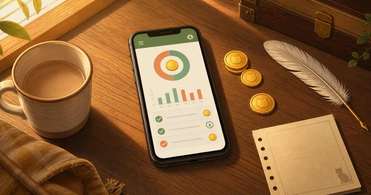 スマートフォンの家計簿アプリで収支グラフやチェック項目を確認し、家計管理の摩擦を減らす様子