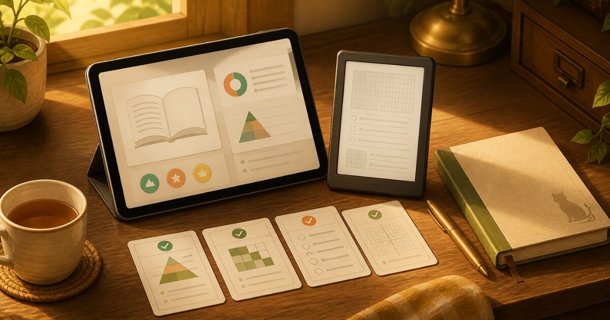 タブレットや電子書籍リーダー、問題カードを整理して、教材管理の摩擦を減らす様子