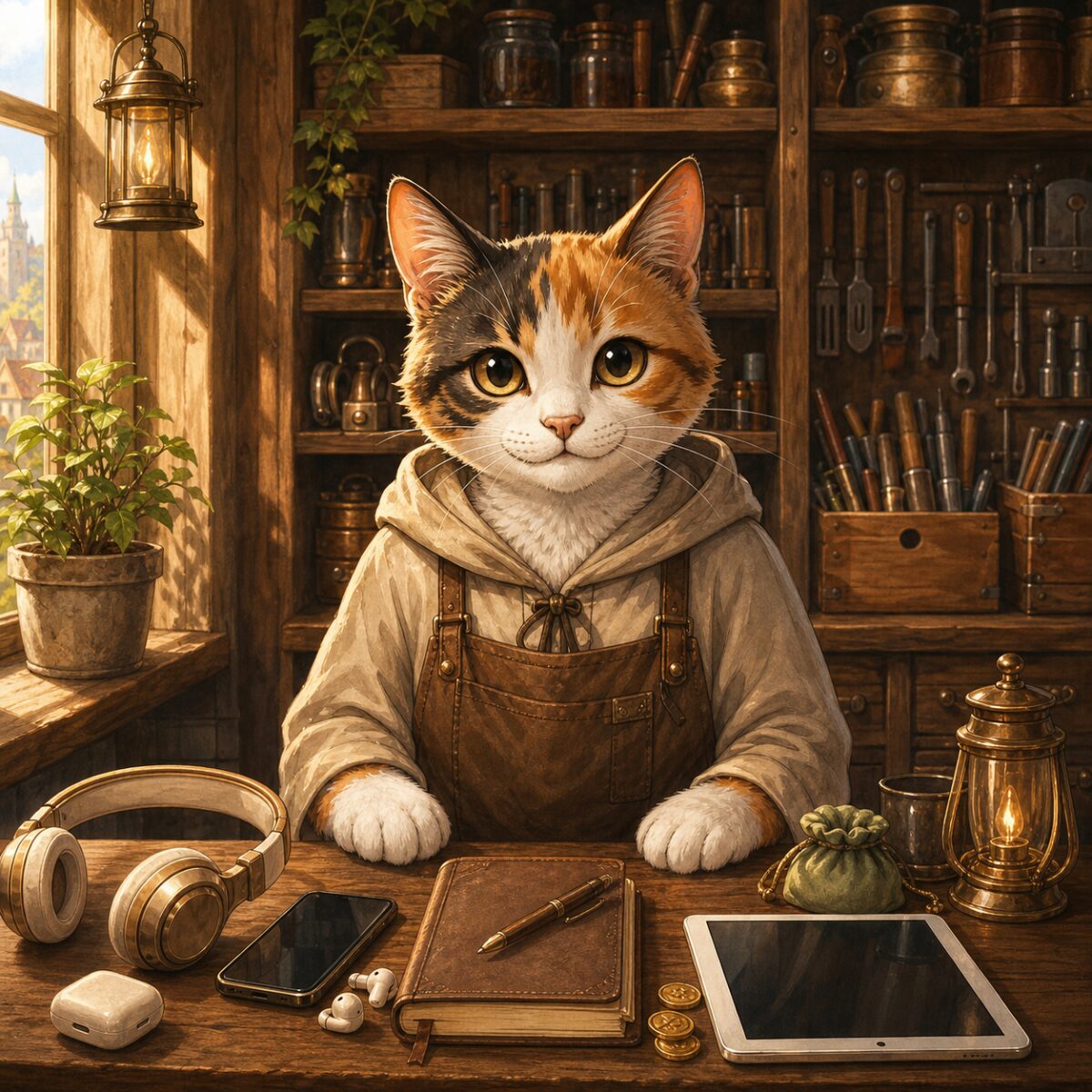 道具屋の店主である三毛猫のミケが、木造の道具屋で朝活や勉強を助ける道具を案内している様子