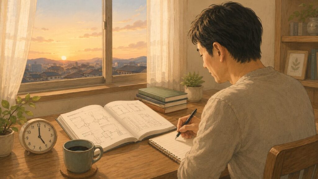 早朝の机で第二種電気工事士の勉強を始める40代男性を描いた、やさしいイラストのアイキャッチ画像