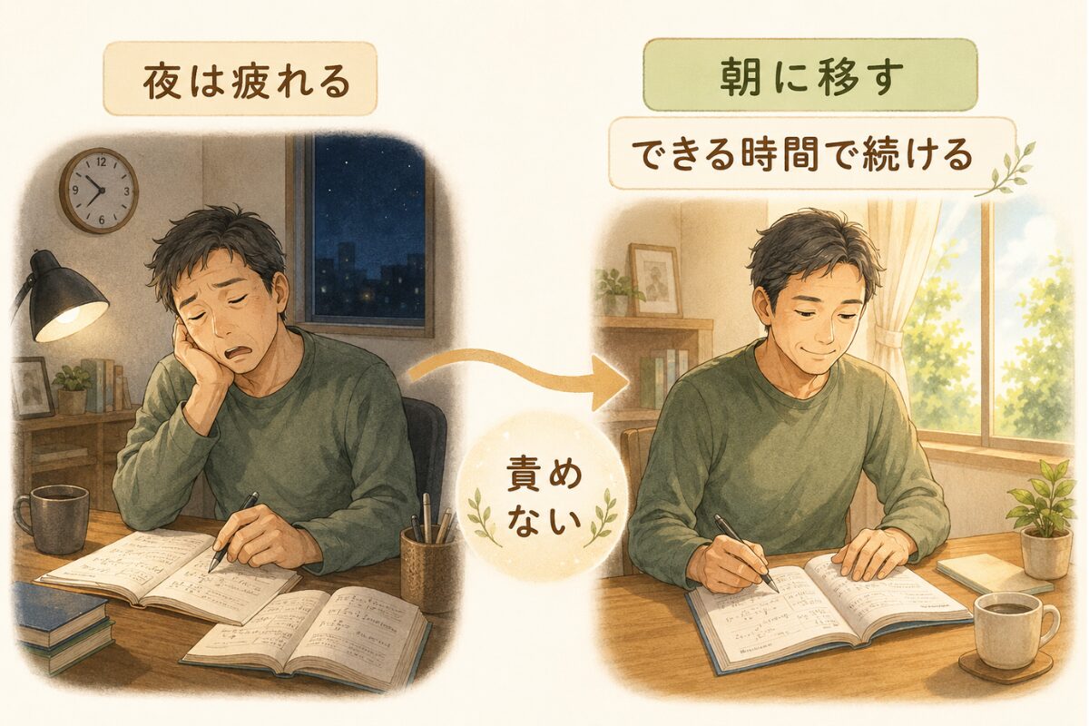 夜を捨てて朝に勉強を配置する朝活ルーティンを表した図