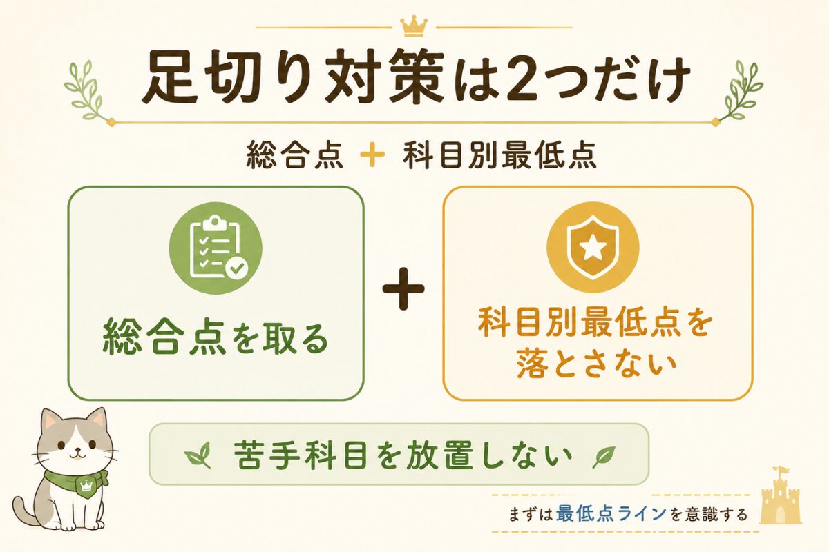 給水装置工事主任技術者試験の足切り対策を、総合点と科目別最低点の2つで示した図解