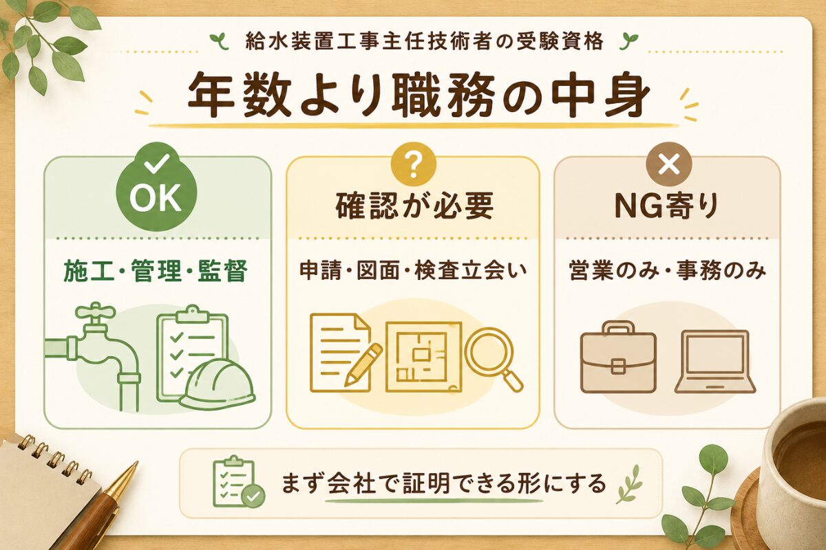 給水装置工事主任技術者の受験資格をOK・確認が必要・NG寄りに分けて確認する図解