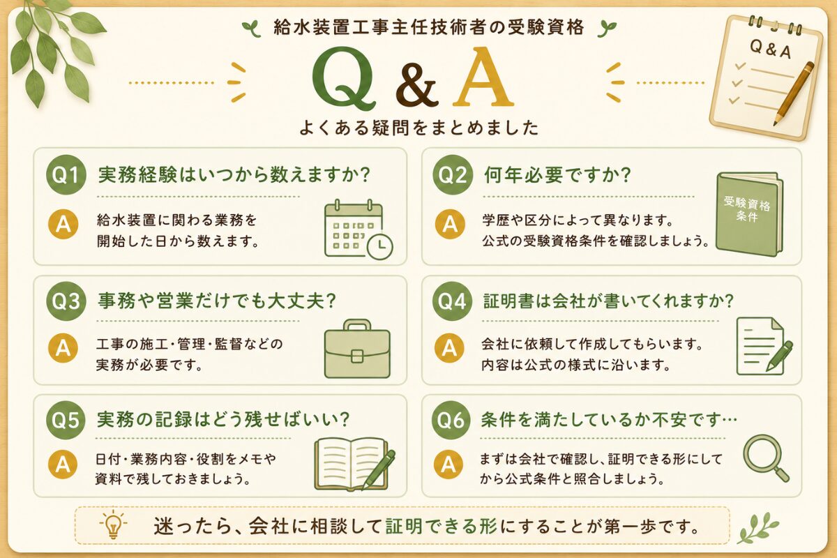 給水装置工事主任技術者の受験資格でよくある疑問をQ&A形式で整理した図解