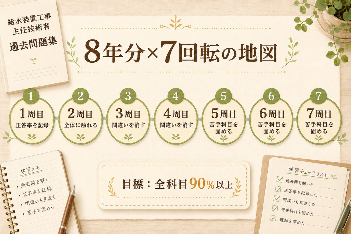 給水装置工事主任技術者の過去問8年分を7回転する流れを、正答率記録、間違い復習、苦手科目の消し込みに分けて示す図解