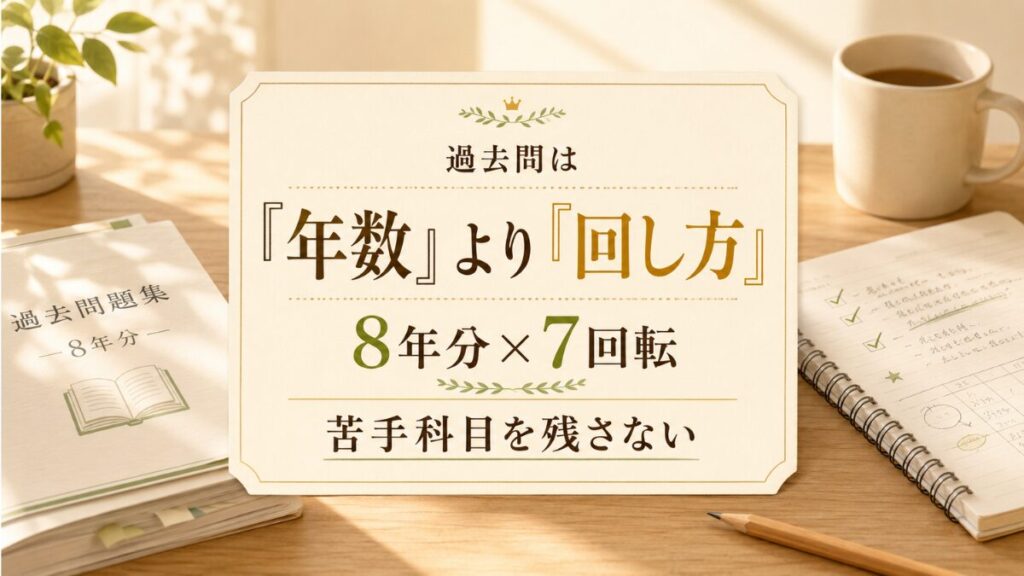 給水装置工事主任技術者の過去問は年数より回し方が大切で、8年分7回転と苦手科目を残さない運用を示す画像