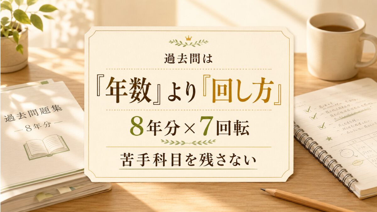 給水装置工事主任技術者の過去問は年数より回し方が大切で、8年分7回転と苦手科目を残さない運用を示す画像