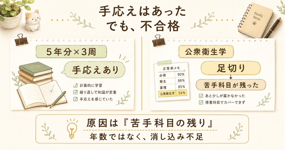 過去問5年分3周で手応えがあっても、公衆衛生学の足切りで不合格になった理由を整理する図解