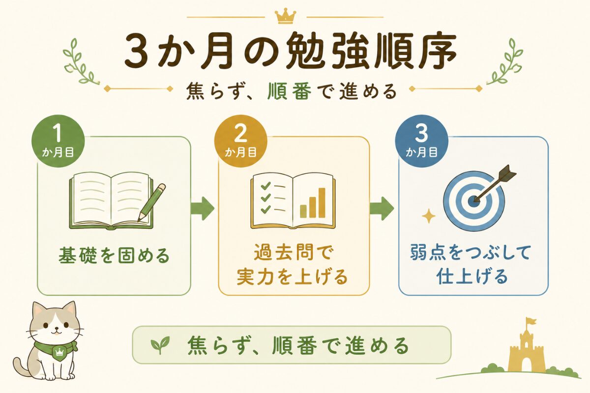 給水装置工事主任技術者の3か月勉強順序を、基礎・過去問・弱点つぶしで示した図解