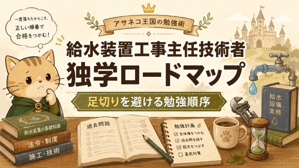 給水装置工事主任技術者の独学ロードマップを、足切り対策と勉強順序のイメージで示したアイキャッチ画像