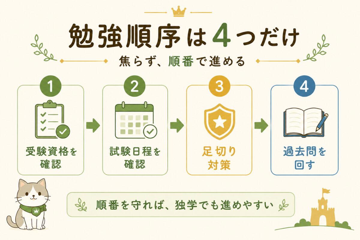 給水装置工事主任技術者の勉強順序を、受験資格の確認・試験日程の確認・足切り対策・過去問の4ステップで示した図解
