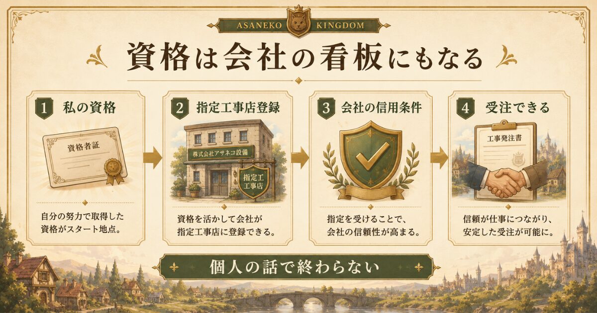 個人の資格が指定工事店登録や会社の信用条件につながり、受注できる流れを示した図解