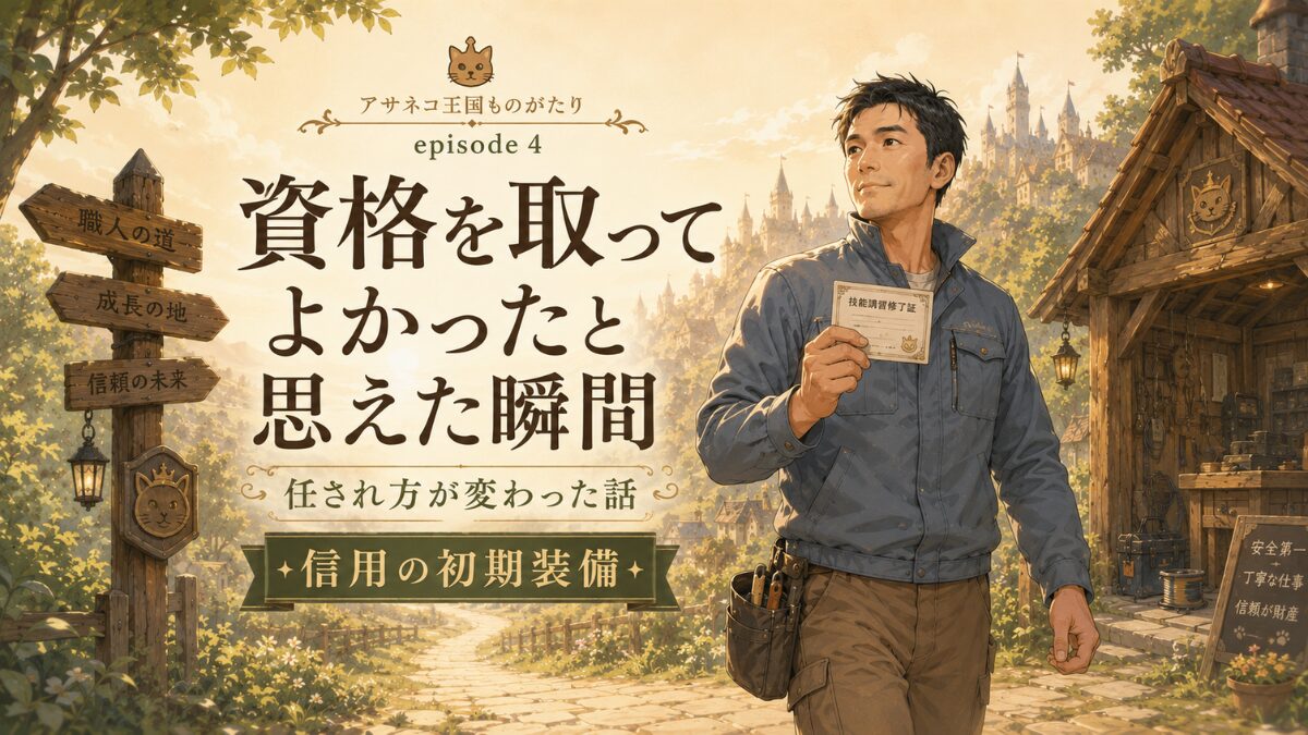 資格証を手にした40代設備職の男性が、アサネコ王国の道で信用の初期装備を得たことを表すイラスト
