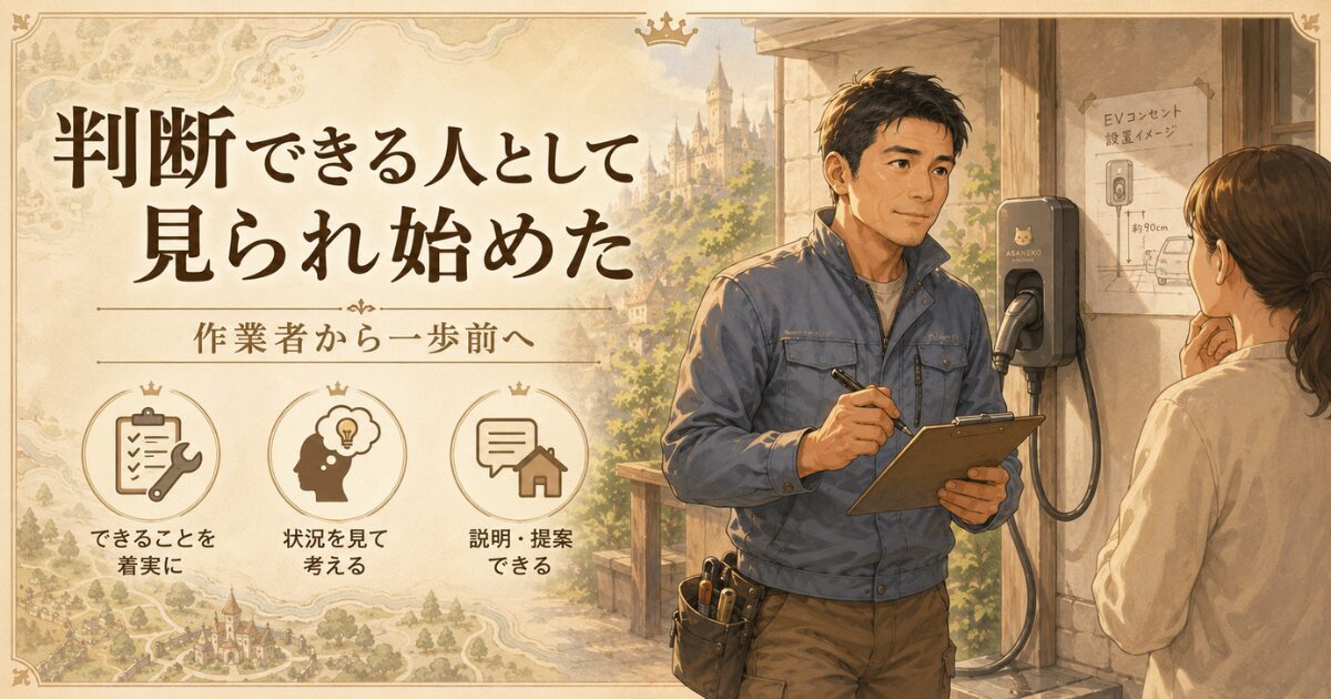 EVコンセントの設置相談を受け、状況を確認しながら判断する40代設備職の男性のイラスト
