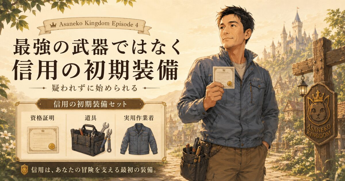 資格証明、道具、作業着を信用の初期装備として示し、40代設備職の男性が静かに前を向くイラスト