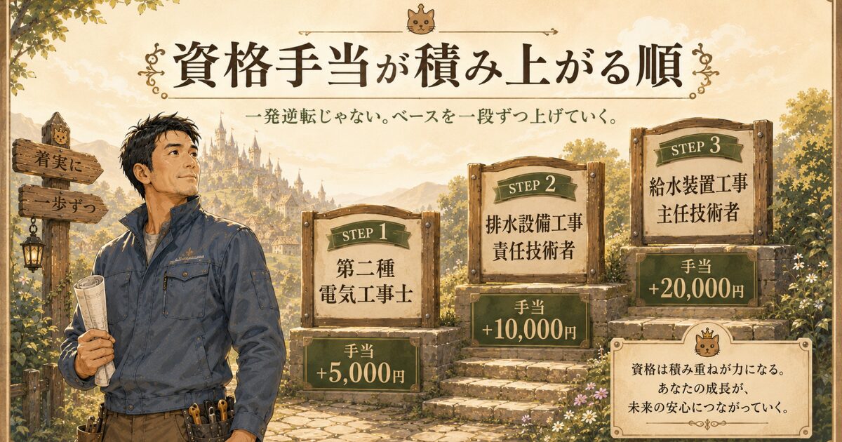 第二種電気工事士から給水装置工事主任技術者まで資格手当が段階的に積み上がる順番を示す図解画像